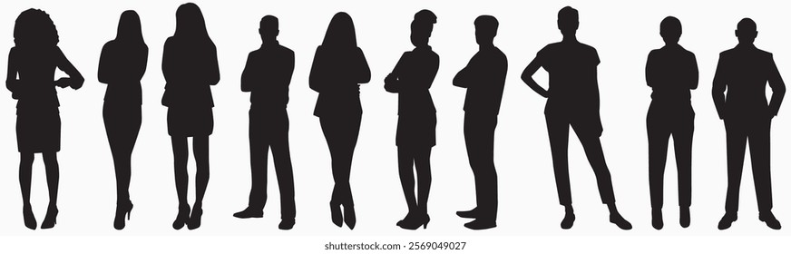 Silhouettes of diverse individual standing in a row white background.