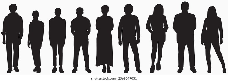 Silhouettes of diverse individual standing in a row white background.