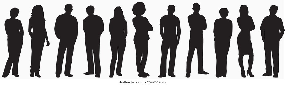 Silhouettes of diverse individual standing in a row white background.