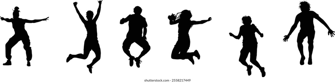 Silhouettes of diverse individuals jumping in the air, expressing joy and energy.