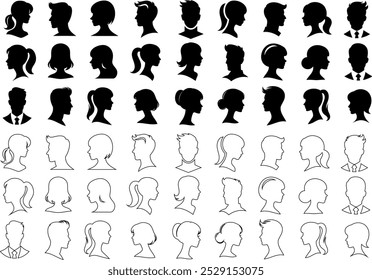 Silhouettes of diverse male and female profiles, heads in various hairstyles and poses. Black outline of people, ponytails, buns, and formal attire for design, branding, or identity purposes