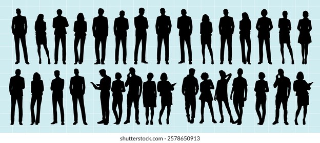 Silhouettes of diverse men and women in business attire. Professional silhouettes of men and women. Group of business silhouettes in various poses. People silhouettes, vector set.