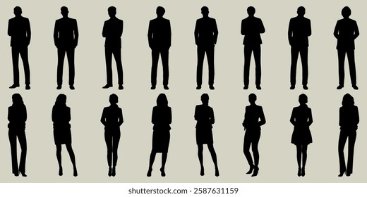 Silhouettes of diverse men and women in business attire. Professional poses, diverse silhouettes, business silhouettes, formal attire, diverse group. Business element set.