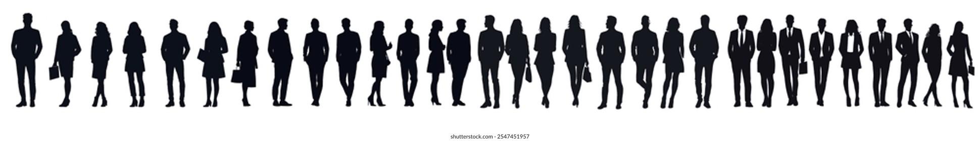 Silhouettes of diverse men and women in casual business attire, depicted in various poses such as standing and walking. Full-length figures representing a business concept. Vector