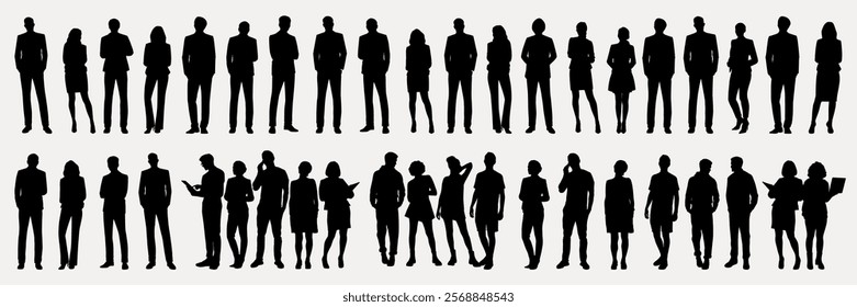 Silhouettes of diverse people in business attire. Business silhouettes in various poses. Group of professional silhouettes in a row. People silhouettes, vector set.