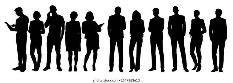 Silhouettes of diverse people in business attire. Group of professionals in silhouette. Business silhouettes in various poses. Team silhouettes in black and white. People silhouettes, vector set.