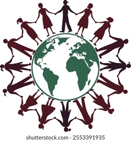 Silhouettes of diverse people holding hands forming a circle around a globe, symbolizing unity and fraternity on a white background