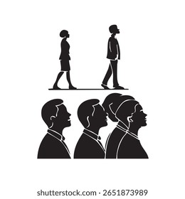 Silhouettes of diverse people in profile, some walking, others looking upwards, conveying themes of progress, aspiration, and unity in a modern, minimalist style.