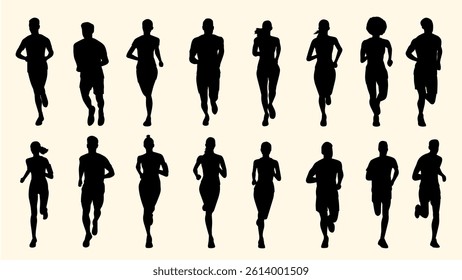 Silhouettes of diverse people running in various poses, arranged in two rows on a light background.