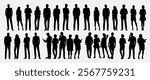 Silhouettes of diverse people standing. Group of silhouettes showing various poses. Silhouettes of men and women in different stances. People silhouettes, vector set.