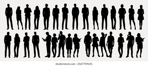 Silhouettes of diverse people standing. Group of silhouettes showing various poses. Silhouettes of men and women in different stances. People silhouettes, vector set.