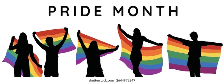 Silhouettes of diverse people standing and holding a rainbow LGBT pride flag, symbolizing unity, diversity, equality, and LGBTQ+ rights. Representing hope and solidarity in the LGBTQ+ community.