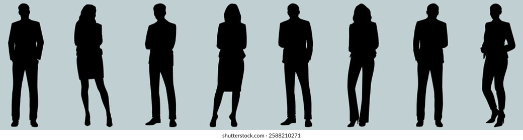 Silhouettes of diverse people standing in various poses. Business attire. Men and women in professional settings. Silhouettes highlight diversity and professionalism. Business element set.