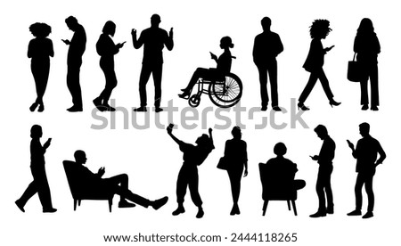 Silhouettes of Diverse people using smart phone.