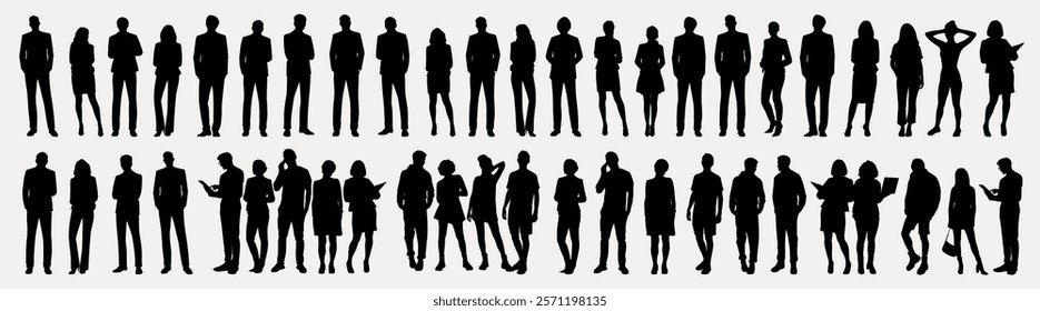 Silhouettes of diverse people in various poses. Business attire, mixed genders, diverse ethnicities. Standing, talking, and gesturing in silhouette. People silhouettes, vector set.