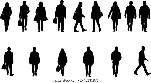 Silhouettes of diverse people walking and standing, urban crowd figures in motion, human postures, lifestyle activity illustration