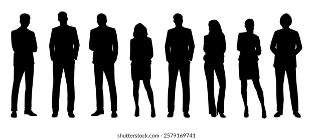 Silhouettes of diverse professionals standing confidently. Business attire, diverse group, professionals. Silhouettes of men and women in business attire. People silhouettes, vector set.