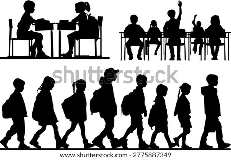 Silhouettes of diverse schoolchildren learning in a classroom and walking in a line
