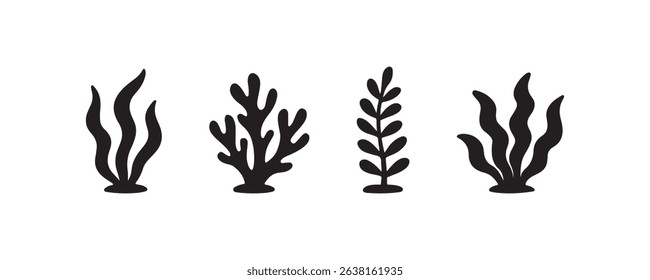 Silhouettes of diverse seaweed types on white background.