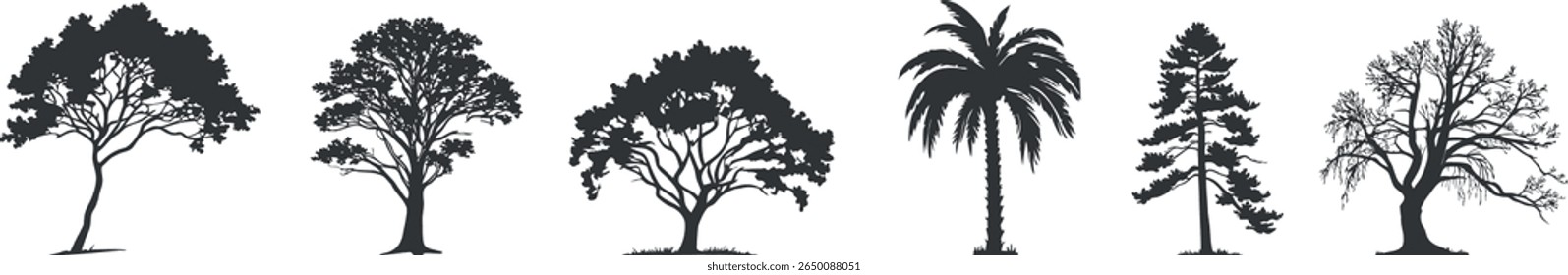 "Silhouettes of Diverse Trees: Bare, Leafy, Deciduous, Evergreen, Pine - Isolated Black Tree Shapes Set for Nature, Forest, and Woodland Design Elements"