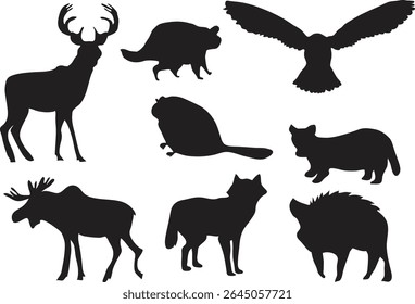 Silhuetas de diversos animais selvagens, incluindo veados, corujas e alces, exibidas criativamente em um fundo plano.