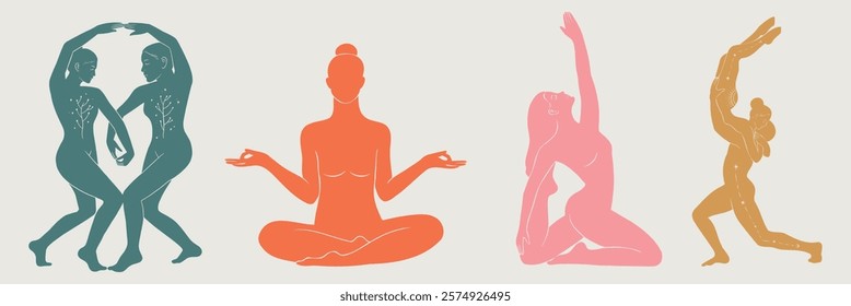 Silhouettes of diverse yoga poses: two figures dancing, a person meditating, a woman stretching, and a figure balancing. Yoga, poses, and silhouettes in harmony. Spirituality vector set.