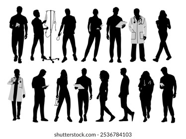 Silhouettes of doctors, nurses, paramedics. Different male and female medic workers in uniform with stethoscopes in white coats. Black outline vector illustration isolated on white background.