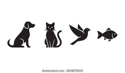 Silhouettes of a dog cat bird and fish in a row