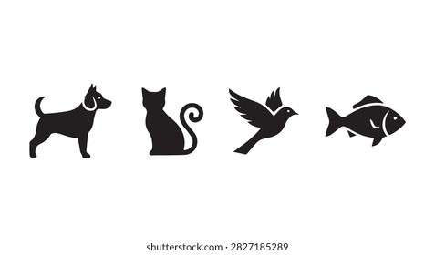Silhouettes of a dog, cat, bird, and fish, showcasing diverse animal shapes in black against a white background for various design uses.