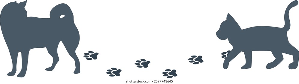Silhouettes of a dog and a cat walking with footprints