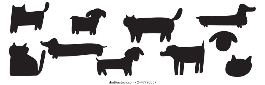 Silhouettes of dogs and cats. Isolated icons. Black color. Vector hand drawn illustrations on white background. 