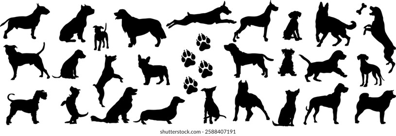 Silhouettes of dogs in different playful poses. Set of pictures of isolated black silhouettes of dogs. Animal shadows