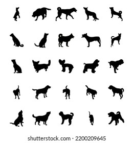 Silhouettes of dogs in different poses, a huge pack of silhouettes of animals. Vector white background black silhouette
