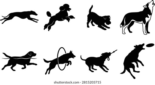 Silhouettes of Dogs in Dynamic Poses Including Running, Jumping, Sniffing, Howling, Swimming, Playing, and Catching Frisbee