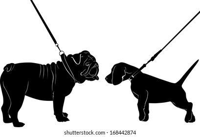 Silhouettes of dogs isolated on white background