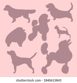 Silhouettes of dogs on a soft realistic pink background collection. A set of vector illustrations