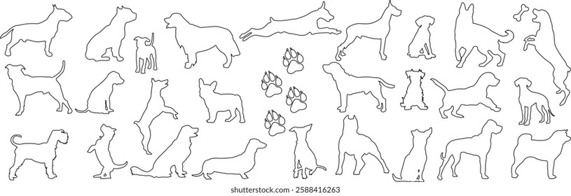 Silhouettes of dogs in one line. Pets in different playful poses. Outlines of dogs of different breeds