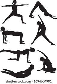 Silhouettes of doing yoga exercises.