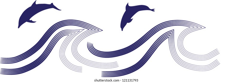 Silhouettes of the dolphins jumping through a wave