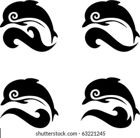 Silhouettes of the dolphins jumping through a wave. Company logo design.