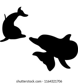 Silhouettes of dolphins on a white background. Two dolphins frolic