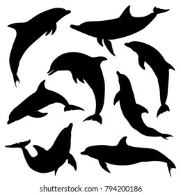 Silhouettes of dolphins. Set. Vector illustration