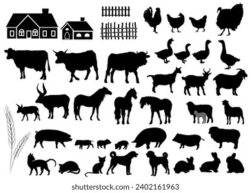 Silhouettes of domestic animals and farm objects. Vector illustration.