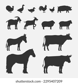 Silhouettes of domestic animals on a white background. Horse, pig, cow, goat, rooster and others