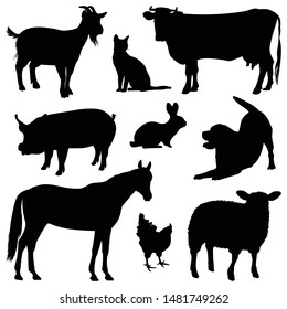 Silhouettes of domestic farm animals set isolated on white background. Goat, cat, cow, pig, rabbit, dog, horse, hen and sheep. Flat vector illustration, eps 10