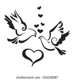 Silhouettes of Doves with hearts isolated on white background. Love symbols, couple of pigeons. Valentines card. Vector illustration