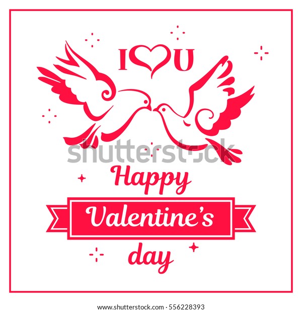 Silhouettes of Doves with hearts. Love
symbols, couple of pigeons. Valentines card with text I love You
and Happy Valentine's day. Vector
illustration