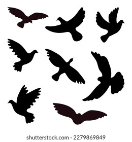 Silhouettes of doves in many different flying positions and angles