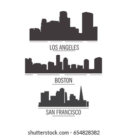 Silhouettes Down town urban American landscape skyscraper tower and high-rise buildings flat vector.City landscape Boston Massachusetts,Los Angeles,San Francisco.USA skyline and landmark USA