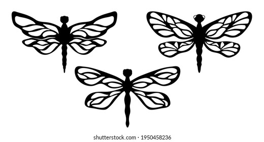 Silhouettes of dragonflies with simple white patterns on a white isolated background. Set of insects. Horizontal illustration.